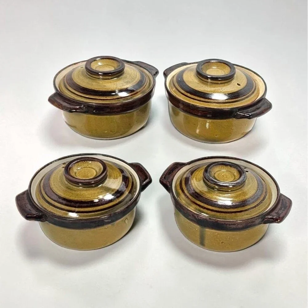Vintage Stoneware Mini Casserole Crocks Set of 4 Avocado Green Brown Drip Glaze